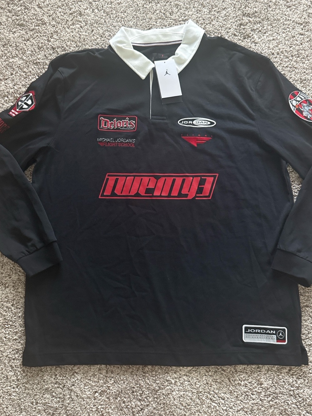 Jordan Black Long-Sleeve Rugby Shirt with White Collar and Red Accents